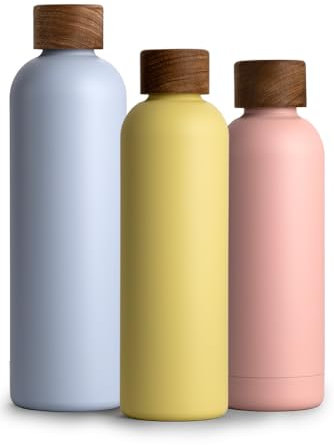 T&N Edelstahl Trinkflasche 750ml, Thermosflasche 0.75l mit Akazienholz Deckel, Isolierte Wasserflasche auslaufsicher bei Kohlensäure, Isolierflasche 750 ml - Lemon Squeeze Yellow
