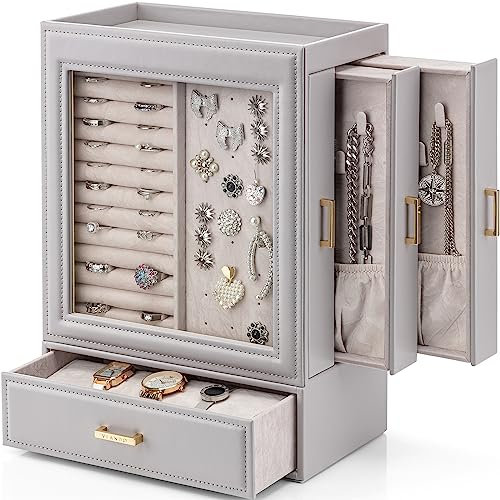 Vlando Schmuckaufbewahrung Schmuckschrank 5 Ebenen, Schmuckkasten mit Glasdeckel, Schmuckkästchen Groß, Seitliche Schubladen, Vertikale Jewelry organizer, Modern Schmuck Organizers Grau