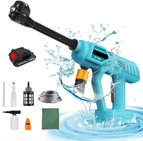 Akku-Hochdruckreiniger, Ersetzen für Makita 18V Akku BL180, mit 1 x 3000mAh Akku und Ladegerät, Sechs Zubehör, Hoher Wasserdruck, 6 In 1 Düse zum Waschen Garden, Car und Flächenreiniger