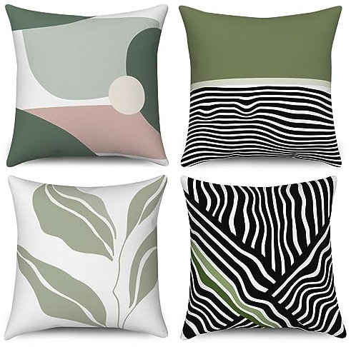 ASDCXZ Kissenbezug 40x40 cm 4er Set, Modern Abstrakt Blätter Linie Grün Weiß Schwarz Sofa Dekokissen Kissenbezüge Kissenhülle Waschbar Polyester Flachs Textil Outdoor Kopfkissenbezug Kissen Bezug