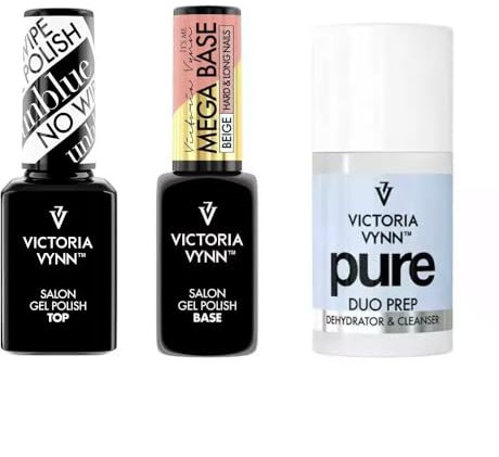 Victoria Vynn Nagelpflege-Set: Pure Duo Prep 60ml, Gel Polish Top Unblue No Wipe 15ml & Mega Base Beige 8ml – Langanhaltender Glanz und Stabilität für Perfekte Maniküre