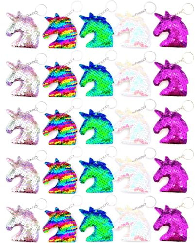 JZK 25 portachiavi con unicorno con paillettes per bomboniere di compleanno per bambini, decorazioni per feste a tema unicorno, regali per feste di compleanno per ragazze, regali di gioco, premi per