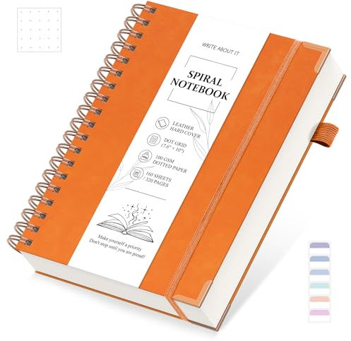 Notizbuch B5 Gepunktetes, Notizblock, Bullet Dot Grid Journal, Spiral Notizbücher 320 Seiten zum Schreiben, 100gsm, Leder Hardcover, für Frauen Männer Arbeit Büro Schule, 19 x 25 cm - Orange