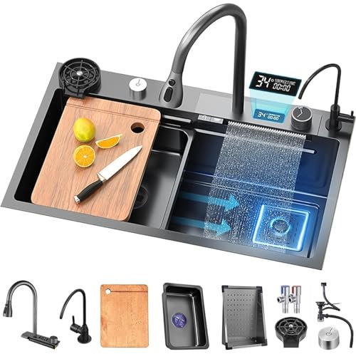 Fregadero de cocina, fregadero en cascada Raindance, fregadero de estación de trabajo nano con pantalla digital, grifo extraíble, fregadero de cocina con accesorios (80x45x22CM)