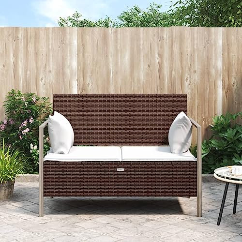 WRJENFSC Balkon Bank Zweisitzer Bank Bänke für Draußen Strand Bank Gartenbank 2-Sitzer mit Kissen Braun Poly Rattan Geeignet für Parks, Balkone, Pavillons, Wintergärten