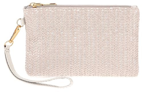 TIESOME 18cm Pochette en paille pour femme - En paille tissée - Pour l'été - Pour la plage - Avec fermeture éclair - Style bohème - En osier, Blanc.