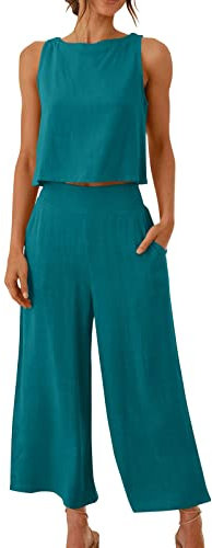 AACH Damen Zweiteilige Outfits Lässiges Sommer Outfits Leinen Crop Tank Top und Hose 2-teilige Rundhals Ärmelloses Freizeitanzug mit Taschen Hosenanzug Leicht angebote damen kleidung