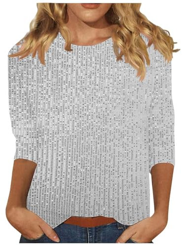Tunika Damen Elegant Pailletten Oberteil Shirt 3/4 Arm Festliche Bluse Longshirt Rundhals Lässig T-Shirt Baumwolle Glitzer Tee Tops Leichte Vintage Sommershirt Weich Bequem Langarmshirt