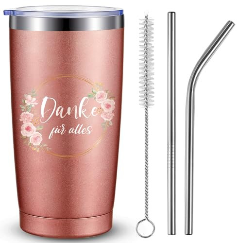 Hestya Cadeaux de remerciement pour femmes 600 ml Danke für Alles Fleurs Tasse thermique avec paille et couvercle Cadeaux d'adieu pour éducateur Collègues Changement d'emploi Adieu (Or rose)