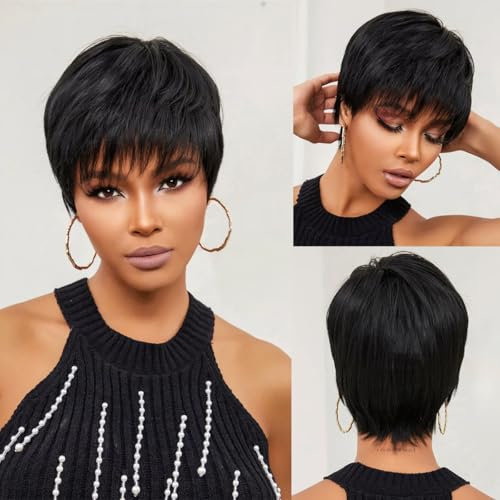 PORSMEER Pixie Cut Perücke Echthaar perücken mit Pony für Frauen, Natürliche Kurze Schwarze Perücke Geschichtet Gewellt Verschiedene Stil Kurze Perücken(Schwarz)
