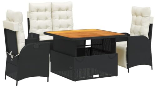 vidaXL Garten Essgruppe mit Kissen 4-TLG., Gartenmöbel Set Sitzgruppe, Essgarnitur Gartengarnitur, Terrasse Balkon Möbel Garnitur, Schwarz Poly Rattan