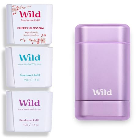 Wild - Natürliches nachfüllbares Deo - Aluminiumsalzfrei - Lilafarbener Deobehälter mit Nachfüll-Sortenpaket - Enthält Fresh Cotton & Sea Salt, Cherry Blossom, Coconut & Vanilla Düfte - Vegan