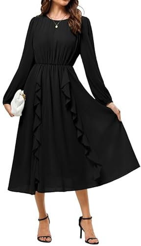 JASAMBAC Wedding Guest Dresses for Women UK,Semi Formal Dress Long Sleeves Elegant Chiffon Dresses Crew Neck A-Line Midi Dress Flowy Cotail Dreess Ruffles Evening Dresses Casual Dresses Black