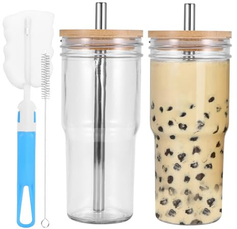 BTBHIHO Taza Boba de 730 ml con tapa y paja, taza de té de leche de burbujas reutilizable, botella portátil, lote de 2 tarros de albañil para el hogar, oficina, viajes, coche