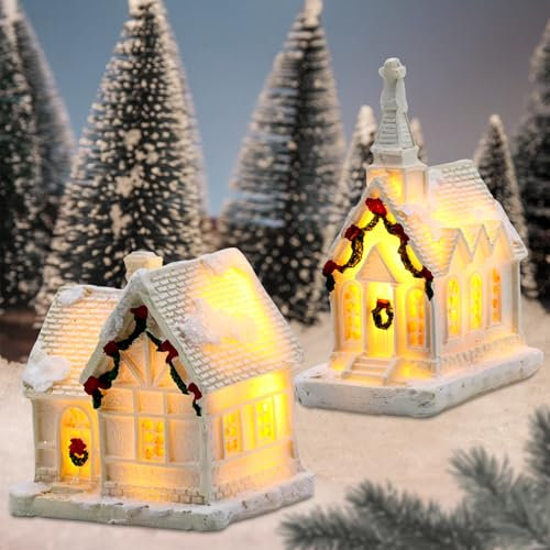 GAROMIA Weihnachtsdorf Beleuchtung Weiß 2 Stück Mini Lichthaus Gästehaus Weihnachtshaus Deko Weihnachten Kleine Haus Deko Weihnachtshaus Figur Weihnachtsdeko Innen Mini Weihnachtsstadt Außen Garten