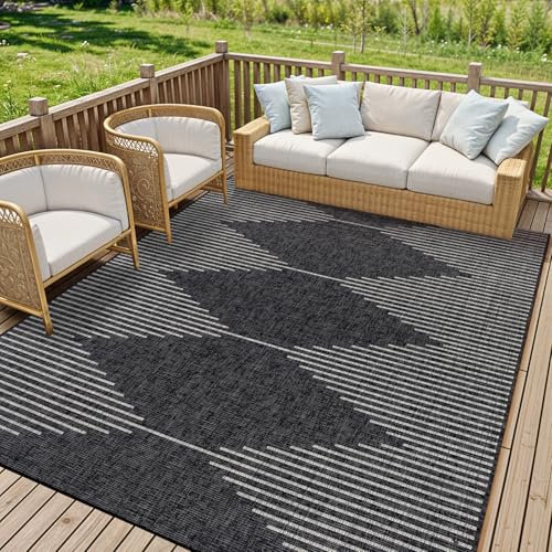 Livabliss Sevilla Indoor Outdoor Rug - Large Boho Rugs for Living Room 200x275 cm Dining, Kitchen Carpet, Patterned Neutral and Coloured Rugs, Waterproof, Stain Durable - Black and Grey