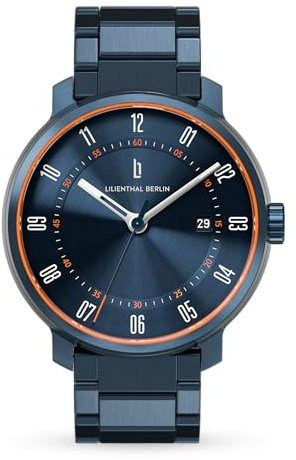 Lilienthal Berlin Neolux Automatik Uhr Blue Orange – hochwertige Herrenuhr am blauen Edelstahl-Armband aus blauem Chirurgenstahl mit einem Automatikwerk & Saphirglas – 42,5 mm