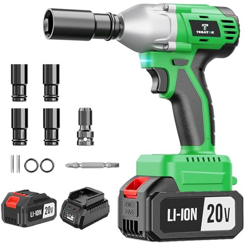 Tegatok Clé à choc sans fil de batterie 4,0 Ah, 430 N.m, pistolet à percussion 1/2 sans balais, 20 V à couple élevé, percussion électrique pour voiture et maison, 2 batteries