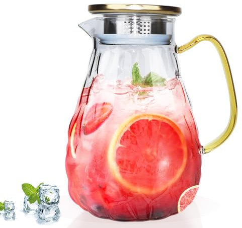 Wasserkaraffe mit Deckel,Glas-Karaffe, 2 Liter Glaskrug mit Deckel und Auslauf,Karaffe, Glaskaraffe, Wasserkaraffe mit deckel, Wasserkrug für hausgemachte Getränke/Eistee/Milch/Kaffee/Wein