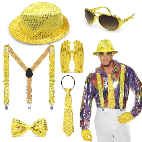 6 Stück Disco Glitzer Accessoires Herren Disco Karneval Outfit Accessories mit Hut,Hosenträger,Krawatte,Fliege,Handschuhe,Brille,Pailletten Kostüm Gold für Fasching Party,Jazz Performence (Gold)