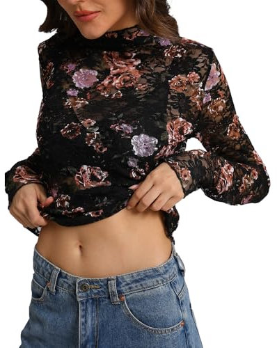 IWOLLENCE Lace Top for Women UK Mesh Long Sleeve Sheer Mock Neck Floral Top Sexy Y2K Undershirt Party Clubwear (Black Dahlia, L)