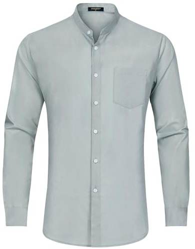 HISDERN Shirts for Men Long Sleeve Collarless Mens Formal Dress Shirts with Grandad Collar Mens Smart Casual Shirts with Pocket for Business Wedding Grey 3XL