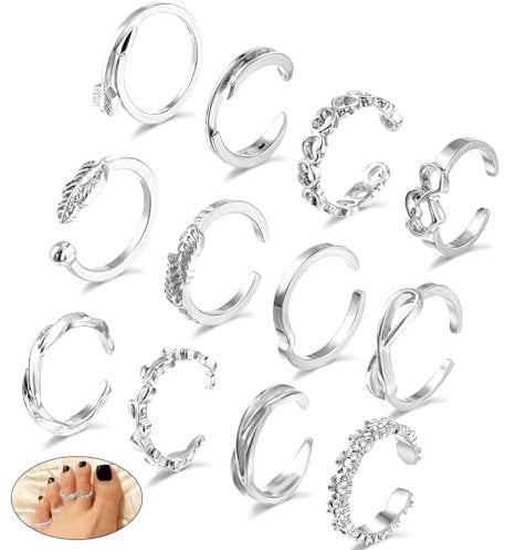 Tyqour 12 Stück Zehenring Verstellbare Zehenringe für Frauen Silber Toe Ring Offene Zehenringe Sommer Strand Fußschmuck für Damen Mädchen