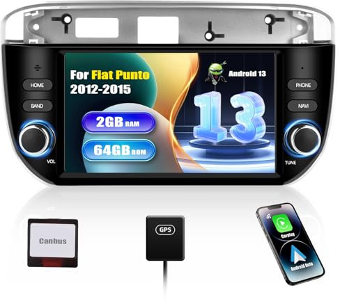 SIXWIN 2GB+64GB Autoradio Android 13 per Fiat Punto 2012-2015 con CarPlay/Android Auto/Mirror Link, HD 7 Pollici TouchScreen Schermo Navigatore WiFi Bluetooth FM RDS Controllo del Volante