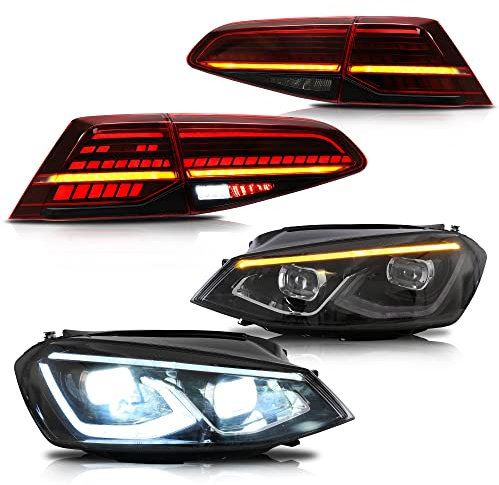 VLAND Scheinwerfer & Rückleuchten-Set kompatibel für Golf 7 TDI TSI Halogen 2013-2017 [Nicht für MK7.5/GTI/R/GTD], Mit E-Prüfzeichen,1 Satz (+ Rot)