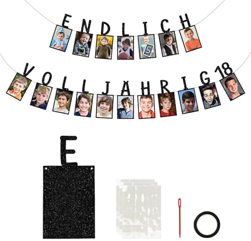 Cadimus Fotogirlande 18. Geburtstag Schwarz, Endlich Volljährig 18, Foto Banner 18. Geburtstag, Deko 18 Junge, Endlich Volljährig Girlande, für Fotos von 1 bis 18 Jahre