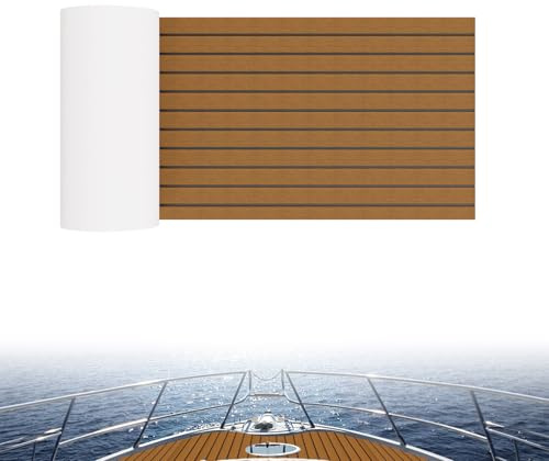 UISEBRT Eva Schaum Bootsbodenbelag, rutschfeste Selbstklebende Bootsmatte mit Faux Teak Oberfläche für Boote, Yachten, Schwimmbäder – 240 x 45 cm, Braun + Schwarz