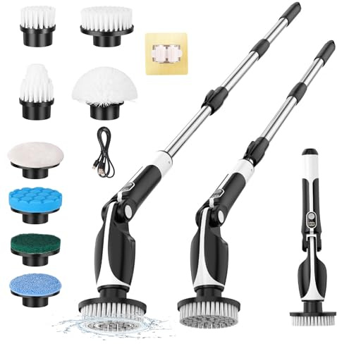 Electric Spin Scrubber: Cordless Electric Cleaning Brush with 9 Replaceable Brush Heads, 3 Speed Shower Power Scrubber With Adjustable Handle, for Floor Wall Tile Car Sink Shower Tub Bathroom (Black)