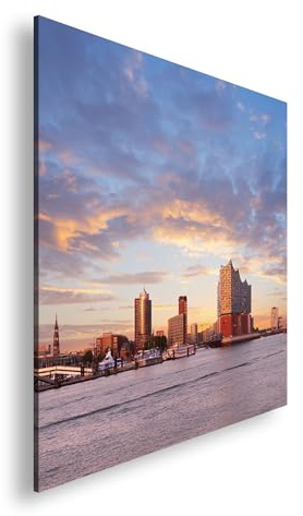 Farbenhorizont Leinwandbild Hamburgs Skyline leuchtet im Farbenspiel der Abendsonne Format: 70x70cm XXL Wandbild auf Keilrahmen/Kunstdruck/Bild Wohnzimmer Dekoration
