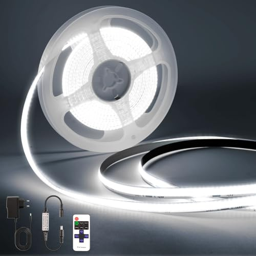 PSTAR COB LED Streifen1M, 6500K Weiß Dimmbar mit Netzteil und Fernbedienung, LED Lichtleiste Selbstklebend 24V, für Küche, Wohnzimmer, Treppe, Schlafzimmer
