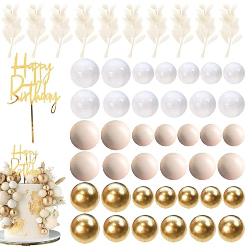 Embhlitfe 50 Pcs Boho Cake Decorations,Ball Cake Toppers Ccake Balls Decoration Khaki and Gold Balls for Cake Decorating,Rainbow Cakes Ballss for Birthday Wedding Baby Shower Party Decor (Khaki)