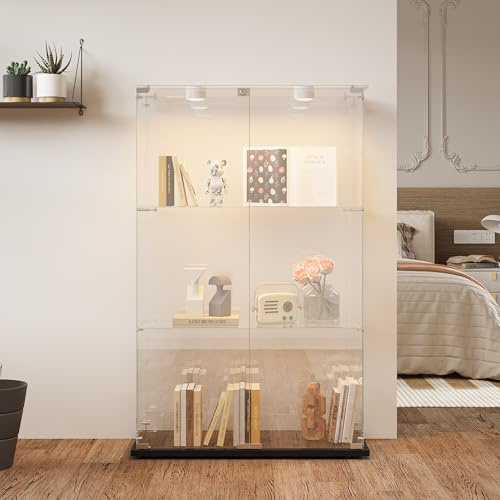SUNFECILI Vitrine aus Glas mit 3 Ebenen, Vitrine mit Schloss, Glasvitrine 123,3 x 35 x 78,5 cm,Standvitrine mit LED, moderner Sammlerschrank Smart Vitrinenschrank (Doppeltür + Trittlicht, Schwarz)