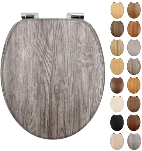 Fanmitrk Standard Wooden Toilet Seat Soft Close, MDF Adjustable Hinges with Bottom Fixture,Easy to Clean and Install for Bathroom (JHE105-3-01)