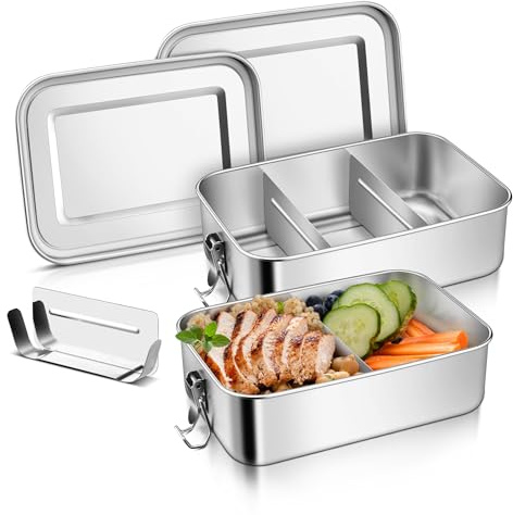 Joyfair 2 Stück Edelstahl Brotdose Lunchbox mit Fächern - 1400ml+1400ml | Bento Box für Erwachsene & Kinder, 2 Abnehmbar Fächern, Wiederverwendbar, Auslaufsicher & Spülmaschinenfest