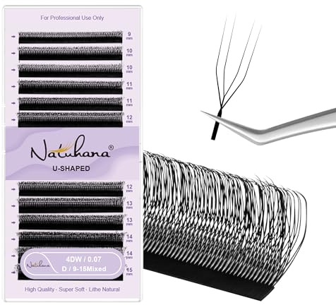 Natuhana 4D U Extension Cils 0.07mm C/D Curl Forme U Parallèles Volume Russe Faux Cils Professionnel Naturel Premade Fans Préfait Cluster Lash 12 Rows(Noir,0.07D,9-15mm)