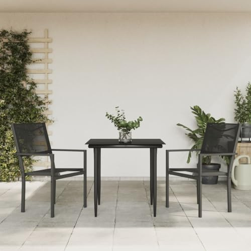 Owoxanthellate 3-TLG Garten-Essgruppe Schwarz Stahl/Textil 80 cm Glas-Tisch ergonomische Stühle wetterfest Balkon Terrasse