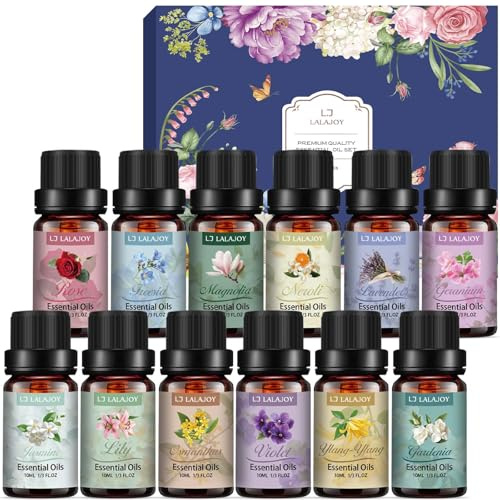 Blumige Ätherische Öle Set für Diffuser, Naturrein Aromatherapie 12 x 10 ml | Duftöl GeschenkSet für Seife, Kerzenherstellung, Luftbefeuchter, SPA, Geschenke für Frauen Weihnachten Geburtstag