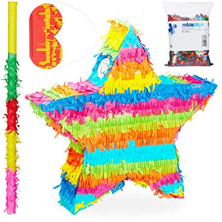 Relaxdays 4 TLG. Pinata Set Stern, XXL Konfetti Sack, Pinatastab mit Augenmaske, Geburtstagspinata, Pinatastock & Augenbinde, bunt