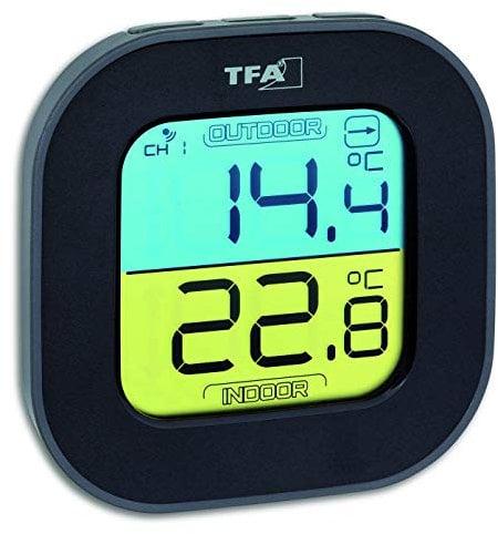 TFA Dostmann FUN Thermometer mit Aussensensor Funk, innen/aussen, digital, Tendenzpfeilen, schwarz, L95 x B45 x H165 mm