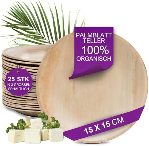 Waipur Bio Palmblattteller - 25 Teller rund klein Ø 15 cm - Premium Einweggeschirr kompostierbar - Umweltfreundliche Partyteller - Palmblatt Geschirr