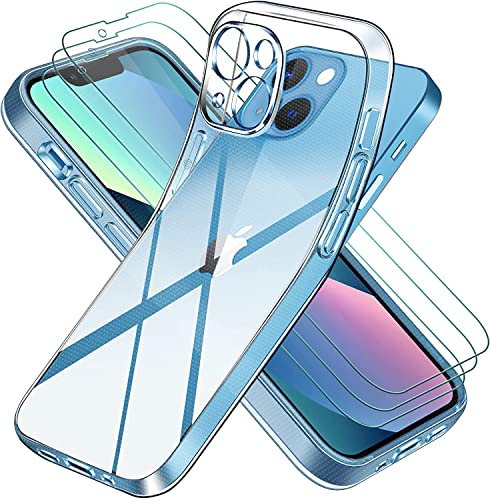 ivoler Case Compatible with iPhone 13 6.1 inch, with 3 pack Glass Screen Protector, Transparent Soft TPU Silicone Protective Shockproof Clear Cover