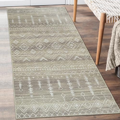 ReaLife Maschinenwaschbar Teppich Läufer - Wohnzimmer Schlafzimmer Badezimmer Küche Flur Büro - Rutschfest Kurzflor Premium-Fleckenbeständig - Geometrisch Marokkanisch Tribal - Beau - Beige - 75 x 180