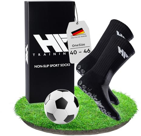 HF Training - 1 Paar Rutschfeste Fußball Socken in Schwarz Mit Weißen Noppen (Unisex) - Grip für Frauen & Männer - Lang & Rutschfest - Antirutsch Atmungsaktiv