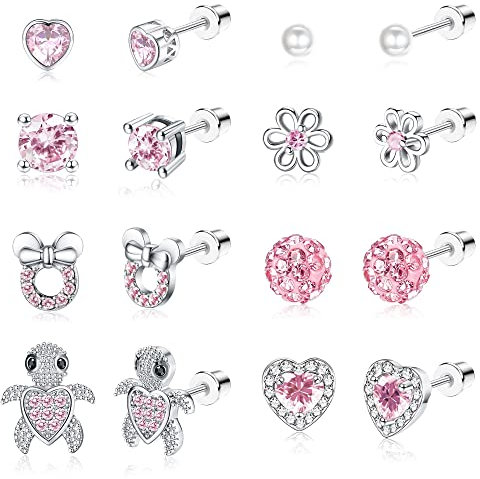 MILACOLATO 8Paires Boucles d'Oreilles Enfant Fille Femme Acier Inoxydable, Hypoallergéniques CZ Cartilage Clou Oreille Lot, Rose Zirconium Boule Coeur Fleur Papillon Vissé Dos Boucle d'Oreille Bijoux