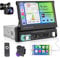 Podofo 1 Din 7'' Bluetooth Autoradio A-pple Carplay Android Auto Radio, écran Rétractable Manuel Radio Stéréo Simple Din, Bluetooth/Radio FM/SWC/Mirror Link/USB + Caméra de Recul AHD