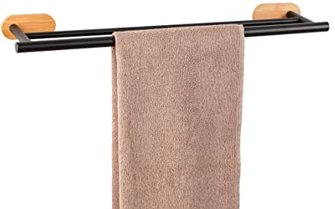 Badetuchstange Mod. Orea Duo Bamboo Halter für 2 Badetücher aus mattschwarzem Edelstahl und Bambus Montage ohne Bohren 60 x 4,5 x 12 cm